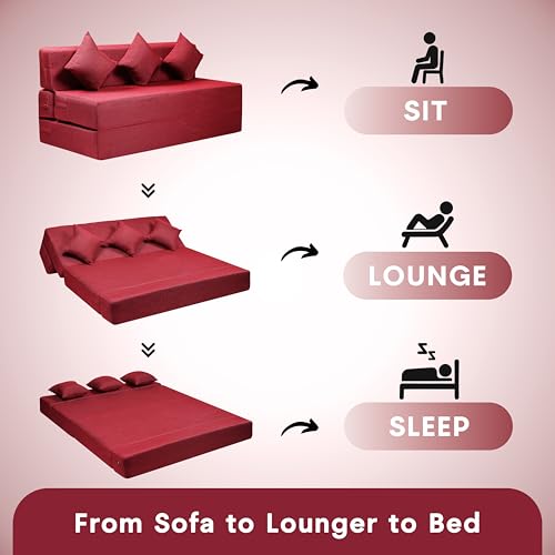 Image of Amazon Brand - Solimo 3 Seater 5 * 6 Jute Fabric Washable Cover Sofa Cum Bed with 3 Cushions 3 Seater Double Foam Fold Out Sofa Cum Bed (Finish Color - Maroon Delivery Condition - Pre-Assembled)