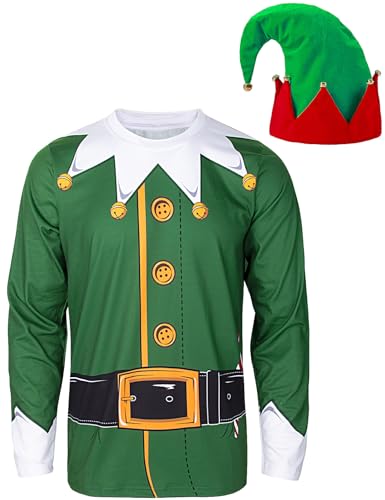 COSAVOROCK Men's Christmas Elf Costume Long Sleeve T-Shirts with Elf Hat, Green Costume Set, XL