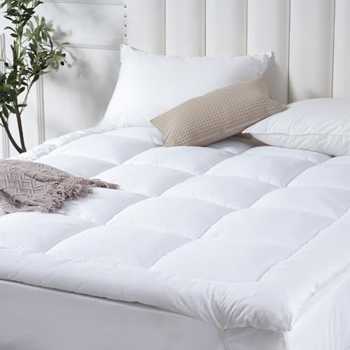 PHF 100% Cotton Mattress Topper Queen Size, 610GSM Thick Down Super Soft Breathable Mattress Cover Protection, Quilted Mattress with Elasticated Bands Fits 8-21 Inches Mattress, Washable, White