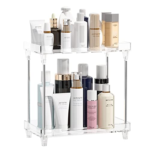 Bathroom Organiser Countertop Acrylic Vanity Bathroom Sink Organizer Counter Dresser Top Corner Cosmetic Skincare Makeup Lotion Perfume Organizers and Storage Tray Shelf 2-Tier for Bathroom Kitchen