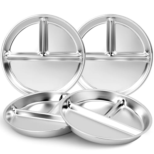 Bakpoco Stainless Steel Kids Plates 4 Packs, Deepened 9" Portion Control Plate Divided Plate for Toddlers Adults Family Bariatric Weight Loss & Diabetic Diet, Non Toxic Unbreakable Dinner Dishes