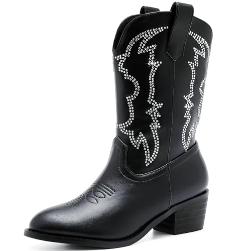 LAURMOSA Girls Cowgirl Boots Cowboy Boots for Girls Black Size 9 Kids Western Cowgirl Fashion Mid Calf Rhinestone Horse Riding Shoes Paddock Cowboy Party for Toddler Kids(L1017RhBlack 9)