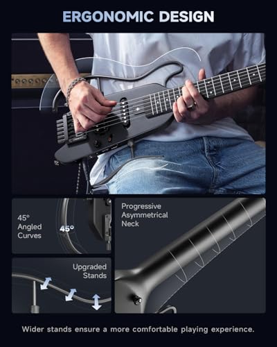 Image of Donner HUSH X Electric Guitar Kit - Featherlight Travel Guitar with Easy Assemble Stands, Great for Travel and Practice, Mahogany Solid Body, Gig Bag, All Accessories, Black