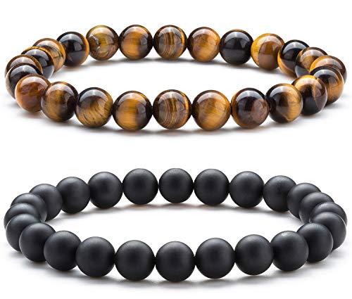 Hamoery Men Women 8mm Natural Stone Lava Rock Diffuser Bracelet Elastic Yoga Agate Beads Bracelet Bangle, 6 7 inch