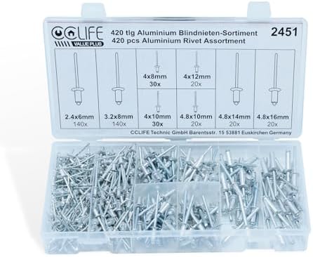 CCLIFE Blindnieten Sortiment 420tlg Alu 2,4 3,2 4 4,8 mm | Popnieten in vier Größen für stabile Verbindungen bei Metall, Kunststoff und Heimwerkerprojekten.