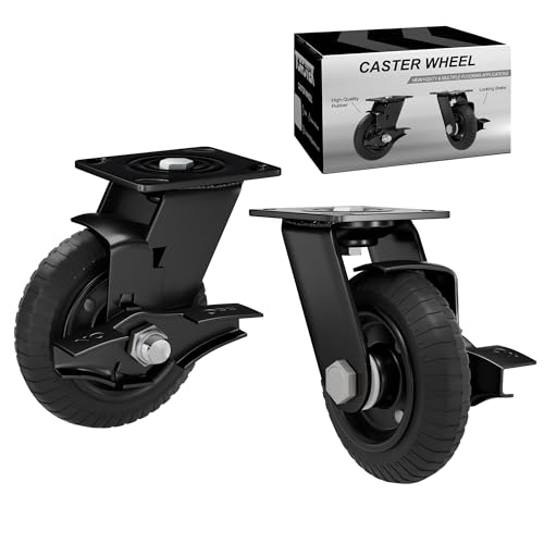 TOROTEK Swivel 6inch Caster Wheels Set of 2, 850lb Heavy Duty Casters with Solid Rubber, Brake Plate Casters with Knobby Tread for Outdoor, Workbench, Dolly, Cart, Trolley, Wagon, and Chicken Coop