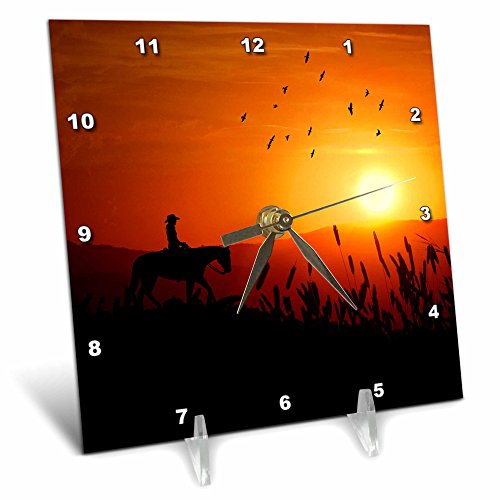 3dRose dc_173218_1 Cowgirl on Horseback Riding at Sunset in A Field of Wheat Western Art. Desk Clock, 6 by 6"