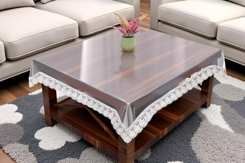 Image of The Furnishing Tree Square Shaped Center Transparent Table Cover Size 36x36 inches 0.25 mm Thickness with White Lace