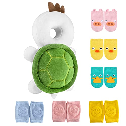 Toddler Head Protector Adjustable Backpack Safety Pad for Infants &amp; Crawling, Includes Knee Pads &amp; Socks - Tortoise HX WZ S7