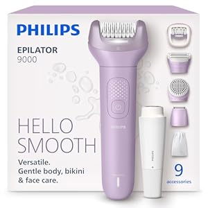Philips Epilator Series 9000 - Cordless Wet and Dry Electric Epilator, Hair Removal for Body, Face and Bikini, with ProGuide, 9 Accessories, 60 min. Runtime, Model BRE729/00
