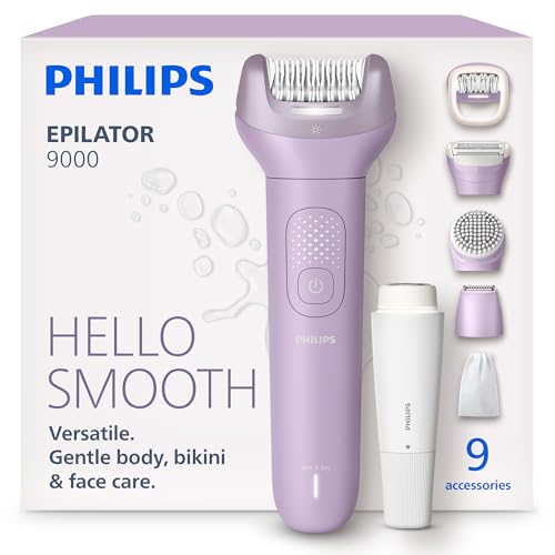 Philips Epilator Series 9000 - Cordless Wet and Dry Electric Epilator, Hair Removal for Body, Face and Bikini, with ProGuide, 9 Accessories, 60 min. Runtime, Model BRE729/00