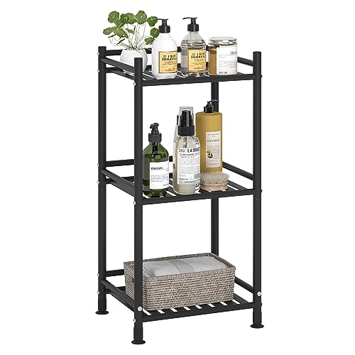 3 Tier Bathroom Storage Open Shelf Unit, Free-Standing Metal Corner Rack Shelving for Kitchen, Living Room, Hallway (Matte Black, 3 Tier)