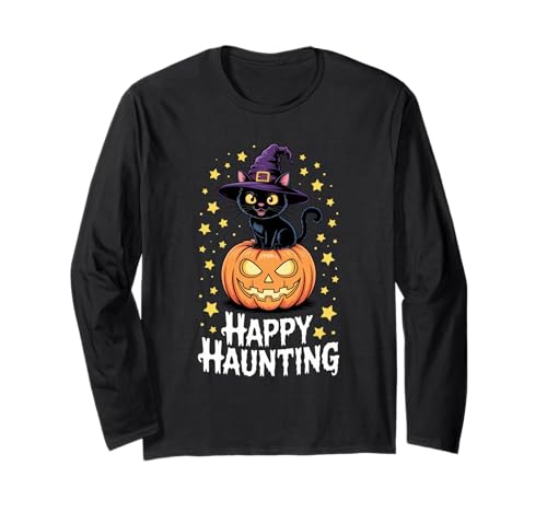 Image of Cat Witch Hat Pumpkin Happy Haunting Long Sleeve T-Shirt