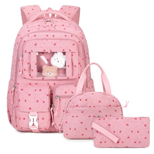 PIG PIG GIRL Corduroy Backpack 3PCS Kids Backpack for Girls School Bags for Middle School Students Book Bag for Elementary Primary Kawaii Ita Backpack with Lunch Box Pencil Case Set, Pink Strawberry