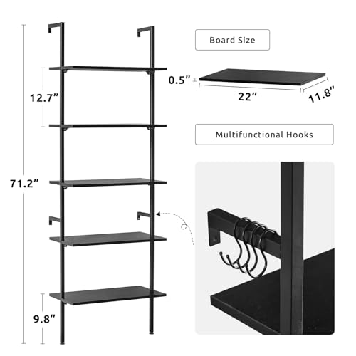 Apicizon 5 Tier Ladder Shelf Bookshelf, Industrial Bookshelf with Wood Shelves and Stable Metal Frame, Open Wall Mount Bookcases, Display Shelves for Home Office, Bedroom, Balcony, Bathroom, Black