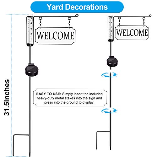 Geevon Rain Gauge Outdoor Decorative with Solar Powered Light,Metal“Welcome”Yard Sign Stakes with Plastic Rain Measure Gauge for Garden Lawn Decorations - Thumbnail 4