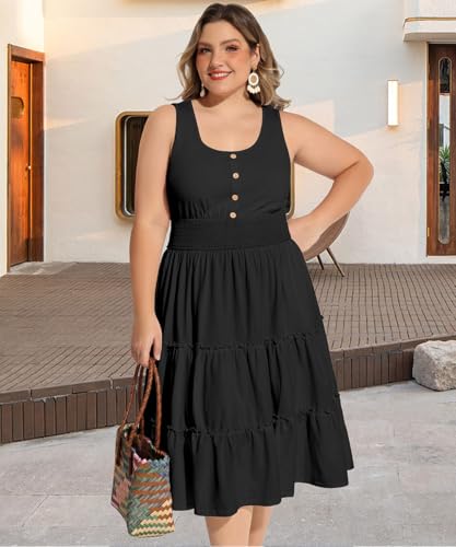 Image of RITERA Plus Size Summer Casual Dresses for Women Sleeveless Button Down Empire Waist Ruffle Tiered Swing Midi Dress XL-5XL