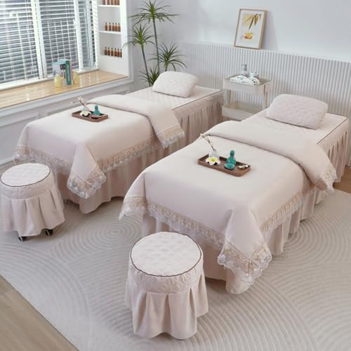 4Pcs Beauty Salon Bedding Set, Breathable Massage Bed Sheet with Face Hole, Lightweight Table Cover & Skirt for Facial, Lash Extension, Spa Salon(Beige,190x80cm(75x31inch))