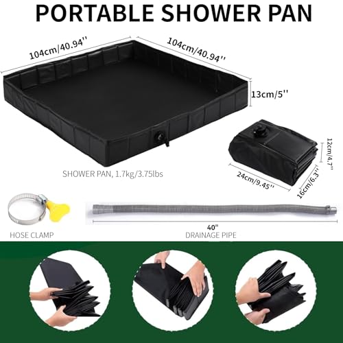 DANCHEL OUTDOOR Car Awning Shower Room with Portable Shower Pan, 3.3ftx3.3ft Privacy Shower Enclosure Changing Room Camping w/LED Light (Gray)