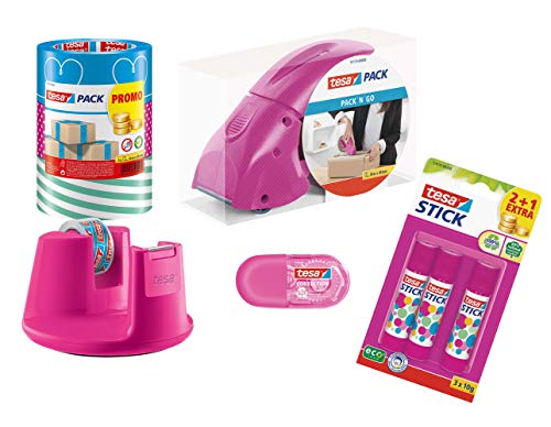 tesapack Abroller Pack' n' Go - Ergonomischer, pinker Handabroller für Paketbänder - Inklusive 50 m x 48 mm Klebeband (1 Komplett-Set)