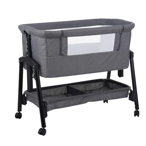 Kisdream® 3-in-1 Next to Me Crib: Baby Crib with Mattress | Co-Sleeper 5 Height Levels - Baby Cradle Folding Adjustable & Rocking - Bassinet with Wheels | Portable Cot & Bed for Travel