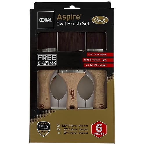 Image of Coral Aspire 6 Piece Paint Brush Set - Professional Firm Straight Cut Oval for Walls - Ultra-Smooth Finish - Trade Emulsion Gloss - Includes 2X 1.5, 2X 2, 3 inch & 2 inch Angled Stubby