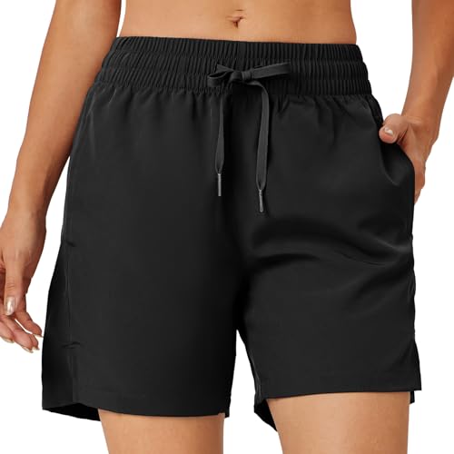 Riocs Damen Laufshorts 5 Schnelltrocknend Kurze Sporthose mit Taschen Outdoor Fitness Running Wandershorts Sport Shorts Schwarz L