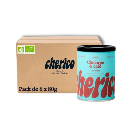 cherico - CHERICO Chicorée soluble bio avec café – Pack de 6 x 80g - Chicorée bio avec caféine - Riche en fibres - Chicorée d'origine végétale - Notes corsées et caramel
