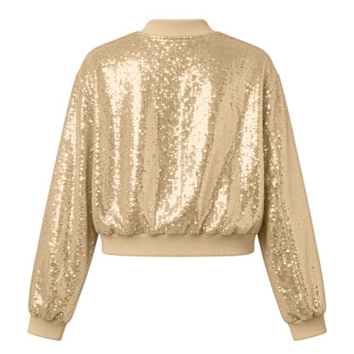 XINGJIAARTS Sequin Jackets For Women Cropped Zip Up Party Jacket Collar Outwear Long Sleeve Lightweight Sparkly Coats No Hood Beige Small - image 4