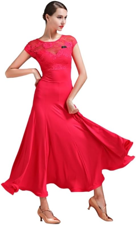 HEARTTOUCH Women's Ballroom Dance Dresses Lace Waltz Modern Cha Cha Dress Long Swing Tango Standard Competition Costume