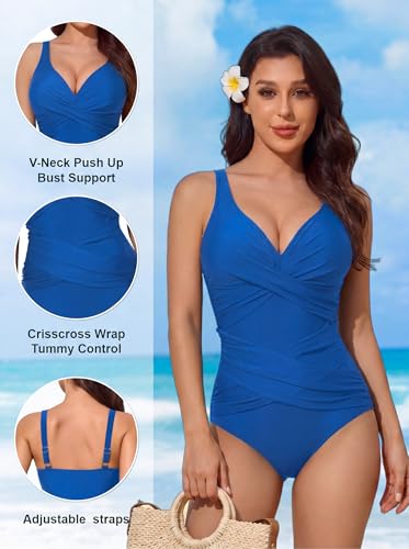 Image of Smismivo Tummy Control Swimsuits for Women Slimming One Piece Bathing Suit Retro Ruched Push Up Vintage Padded Swimwear