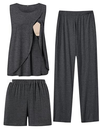 Image of SWOMOG Women Maternity Pajama Set 3Pcs Nursing Pjs Sleeveless Pregnancy Set Breastfeeding Pjs Double Layer with Pockets