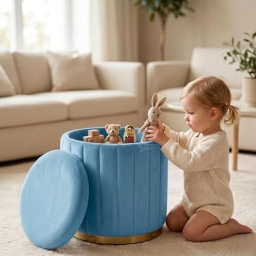 Image of Superior Round Storage Ottoman Stool 13 X 13X 16 inch, with Gold Metal Base | Elegant Pouffe with Secret Storage | Cushioned Footrest for Living Room, Bedroom, and Lounge Sky Blue