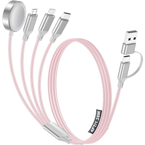 Image of Travel Essentials,Multi Charging Cable for Apple Watch Charger /iPhone /Samsung Charger,Type C /Lightning /iWatch /Micro Charging Cable for iWatch Ultra /10-2 /iPhone /Galaxy /Airpods[1.8M]-Pink