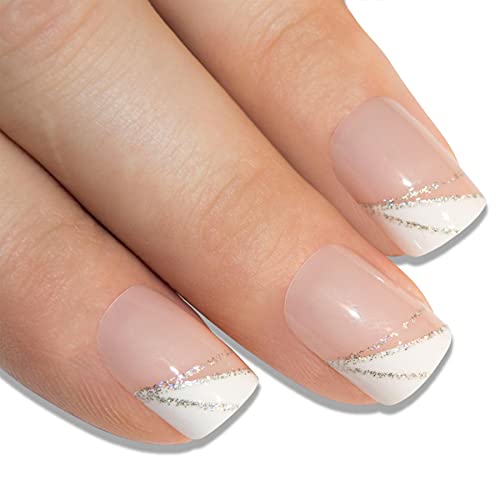 False Nails Bling Art French Fake White Silver Glitter Squoval 24 Medium Tips