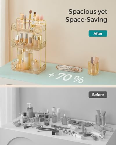 Image of SONGMICS Makeup Organizer, 3-Tier Countertop, Customizable, Champagne Gold | Customizable skincare organizer countertop, 2 types of accessories, jewelry holder, for vanity, bedroom, bathroom UJKA013A01