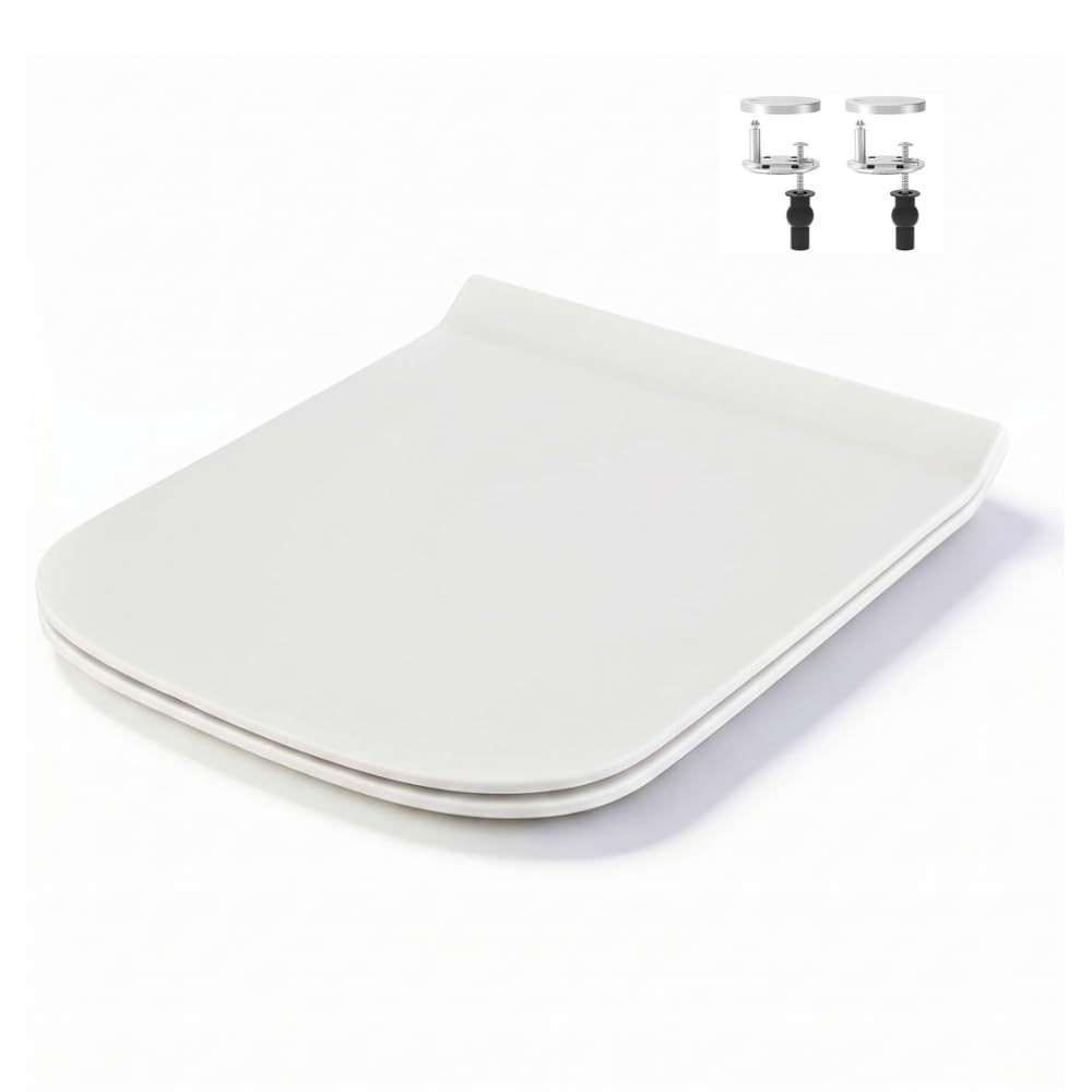 Soft Close Light Weight PP Toilet Seat for Square Toilets, White, Anti-Bacterial Bathroom Bowl Loo Cover Durable Adjustable Hinges Quick Release Soft Close with Fixings (Square (44cmx36cm)