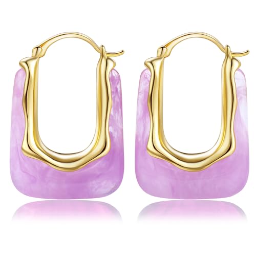 Resin Gold Huggie Hoop Earrings Chunky Statement Vintage Earrings Cute Summer Acrylic Drop Earring Unique Trendy Jewelry Gifts for Women(Purple)