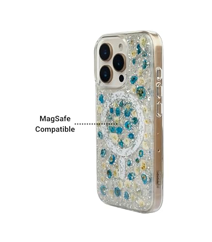 Image of Mag Flower Series Case for iPhone 16 Pro Compatible with Wireless Charging | Real Dried Flower Embedded Design | Slim Transparent Shockproof Back Cover | Blue Edition