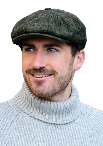 Mucros Weavers Newsboy Tweed Cap Irish Hat for Men's 8 Piece Flat Driving Cap Made in Ireland (Medium, Green Herringbone)