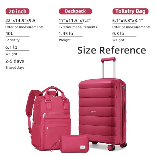 Image of Carry On Luggage 22x14x9 Airline Approved, 22 Inch PP Hardshell Luggage Carry-on Suitcase with Spinner Wheels, Carry On Suitcase Set for Women(Rose Red)