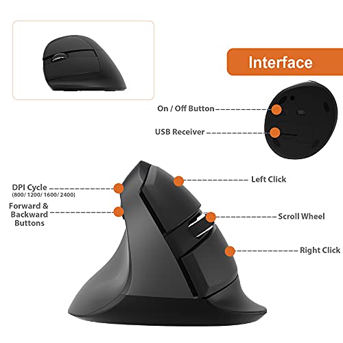 J-Tech Digital Ergonomic Left Hand Mouse With Wireless Connection, Aa Battery, 2.4Ghz Nano Transceiver, 800, 1200, 1600, 2400 Adjustable Dpi; Compatible With Windows And Mac Os [V628Ml] #TOP2