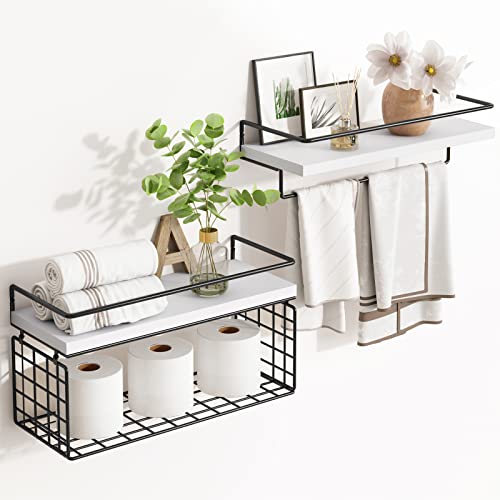 Fixwal 2+1 Tier Wall Mounted Floating Shelves With Wire Storage Basket & Towel Rack, Rustic Wood Bathroom Shelves With Metal Frame, Farmhouse Decor For Kitchen, Bedroom, Living Room(White) #TOP18