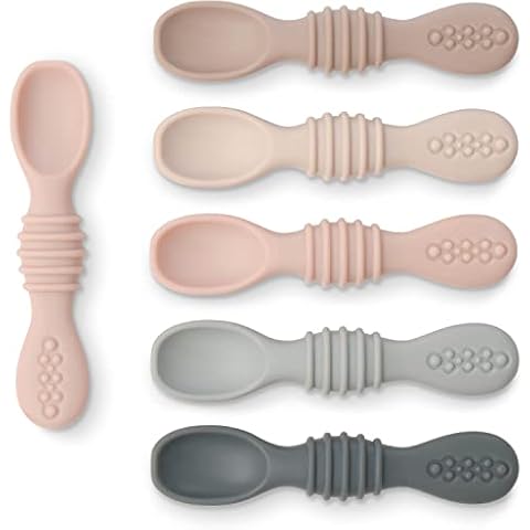 Simka Rose Silicone Baby Spoons Self Feeding 6 Months - First Stage Infant Spoons for Babies & Toddlers- Baby Led Weaning Spoons Set of 6- Easy on Gums Food Training Utensils Dishwasher Microwave Safe Cover