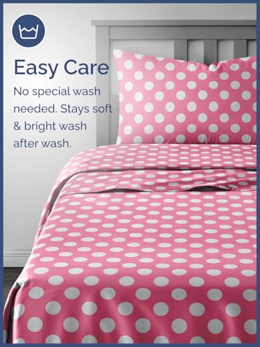 Image of Kids Full Rose Red Dots Bed Sheets - 4 Piece Kids Rose Red Dots Sheet Set | Rose Red Dots Themed Bedding, Ultra-Soft, Cute & Cozy, Breathable & Machine Washable, Bed Set for Boys, Girls & Teens, Comfy