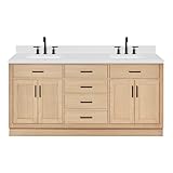 ARIEL Double Bathroom Vanity 72' Inch Oak with Rectangle Sink, 1.5 inch Edge Carrara White Quartz Countertop & Backsplash, 4 Soft Closing Doors, 6 Full Extension Dovetail Drawers, Matte Black