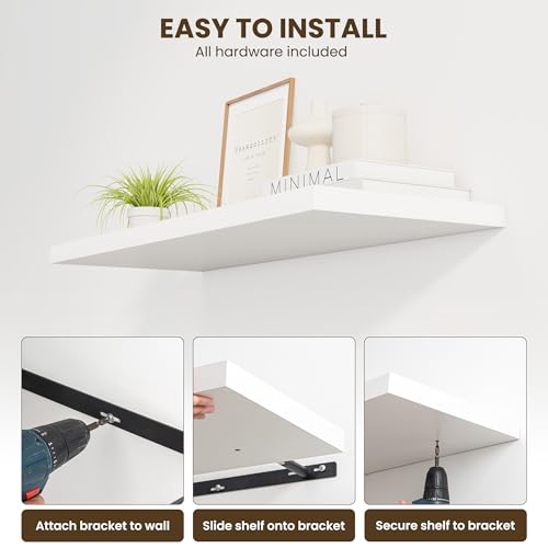 Image of Dreamland 36 inch Floating Shelves for Wall, 12 inch Deep Slim White Floating Shelves, Wall-Mounted Shelves for Bedroom, Living Room, Kitchen, Bathroom - Set of 2