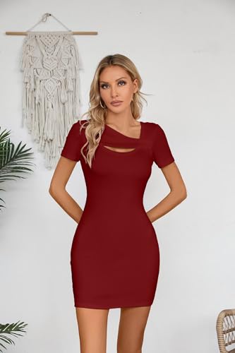 Image of VICHYIE Womens Summer Dresses Cutout One Piece Ribbed Bodycon Mini Short Sleeve Casual Slim Fitted Pencil Dresses