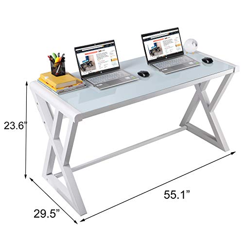 Samery Computer Desk, 55.1 Inch Modern Simple Office Desk Computer Table Study Gaming Writing Desk For Home Office, Glass Top/Metal Frame, Black #TOP5