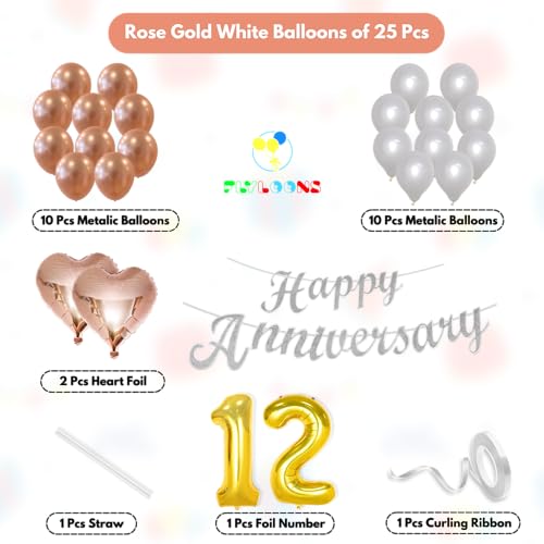 Image of Flyloons 12th Happy Anniversary Decoration Items Rose Gold White for Men Women Husband Wife Mom Dad Parent Couple Home Bedroom Car With 20 Pcs Metallic Balloons Anniversary Banner 2 Pcs Heart Set Kit